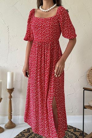 Kadın Yazlık Kırmızı Çiçek Desenli Sırt Dekolteli Midi Boy Elbise 11B-6940