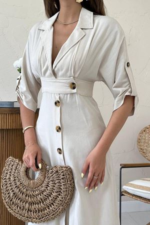 Kadın Yazlık Bej Düğmeli Gömlek Yaka Dekolteli Midi Boy Keten Elbise 11B-6722