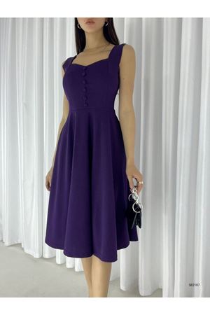 Kadın Mürdüm Askılı Krep Kumaş Düğmeli Midi Kloş Elbise 14C-2101