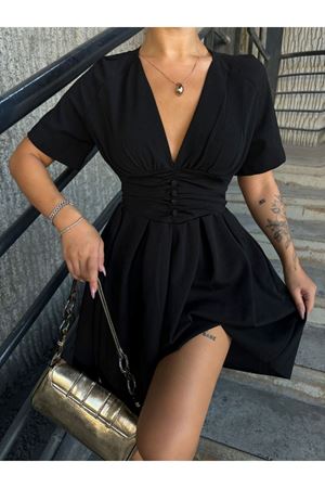 Kadın Siyah V Yaka Büzgülü Mini Kloş Elbise 4C-2348