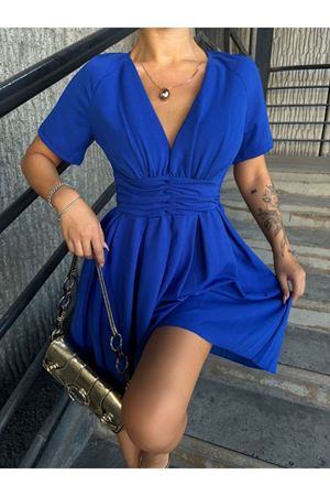 Kadın Saks Mavi V Yaka Büzgülü Mini Kloş Elbise 4C-2349