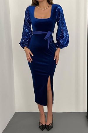 Kadın Saks Mavi Kadife Uzun Kol Payetli Yırtmaçlı Abiye Midi Elbise 10D-7211
