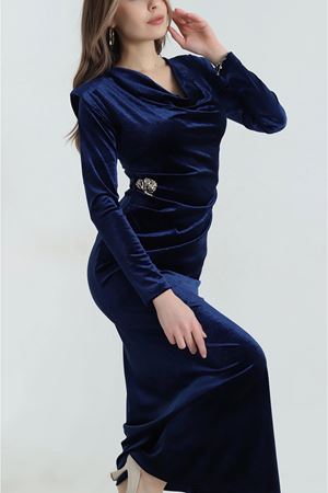 Kadın Lacivert Kadife Vatkalı Uzun Kol Degaje Yaka Uzun Elbise 5E-4372