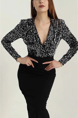 Kadın Siyah Kruvaze Yaka Uzun Kol Payetli Midi Boy Gece Elbise 1C-4378