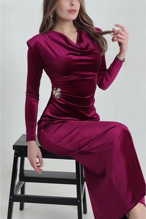 Kadın Mürdüm Kadife Vatkalı Uzun Kol Degaje Yaka Uzun Elbise 5E-4371