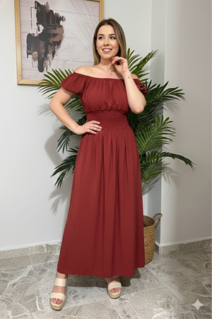 Kadın Madonna Yaka Uzun Kiremit Gipeli Yazlık Elbise 12K-2132