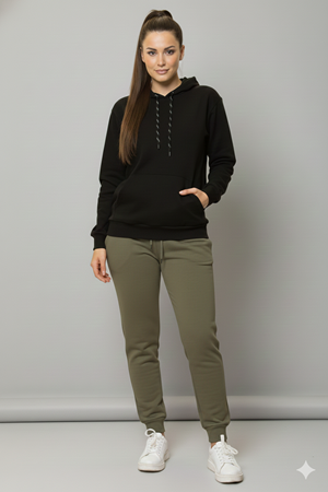 Kadın Siyah Kanguru Cep Kapüşonlu Boyfriend  Sweatshirt 4D-2090