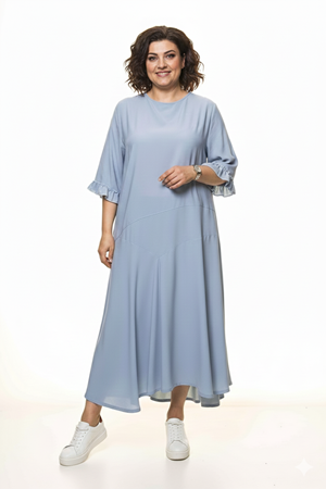 Kadın Büyük Beden Bebe Mavisi Uzun Asimetrik Fırfır Kol  Elbise A3-4044