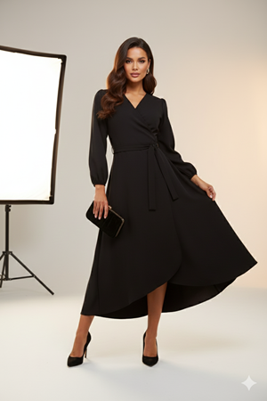 Kadın Siyah Uzun Kol Asimetrik Kruvaze Yaka Uzun Elbise 18K-4079