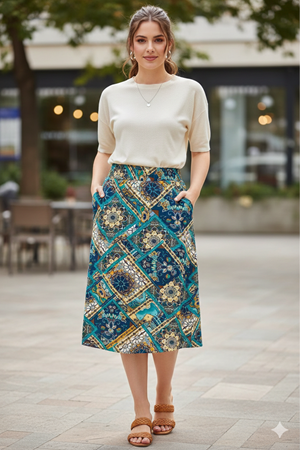 Kadın Yazlık Renkli Yeşil Cepli Dizaltı Etek 12D-5070