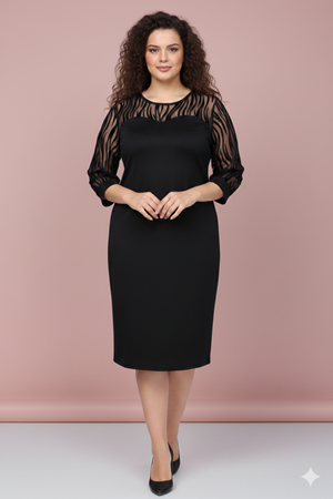 Kadın Büyük Beden Siyah Tül Yaka Truvakar Kol Midi Boy Elbise 12M-2369
