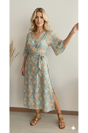 Kadın Pastel Yazlık Kruvaze Yaka Desenli Bilek Boy Yırtmaçlı Elbise  3E-2242