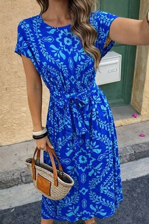 Kadın Yazlık Bisiklet Yaka Kısa Kol Beli Lastikli Kuşaklı Diz Altı Elbise 7E-2378