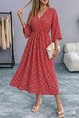 Kadın Kırmızı Desenli Yazlık V Yaka Kısa Kol Beli Lastikli Diz Altı Elbise 10C-2374