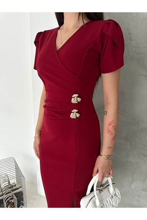 Kadın Bordo Krep Kumaş Kısa Kol Kruvaze Yaka Midi Boy Elbise 10E-2402