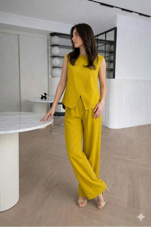 Kadın Yazlık Bisiklet Yaka Yağ Yeşili Çapraz Kesim İkili Bluz Pantolon Takım 10C-2377