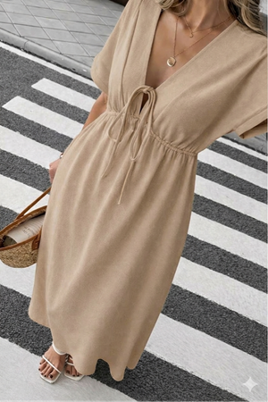 Kadın Düz Renk Aerobin Kumaş Yazlık V Yaka Kısa Kol Beli Lastikli Diz Altı Elbise 10C-2383