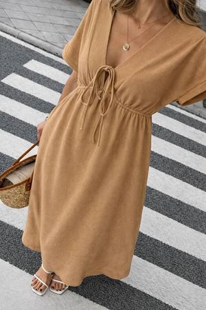 Kadın Düz Renk Aerobin Kumaş Yazlık V Yaka Kısa Kol Beli Lastikli Diz Altı Elbise 10C-2380