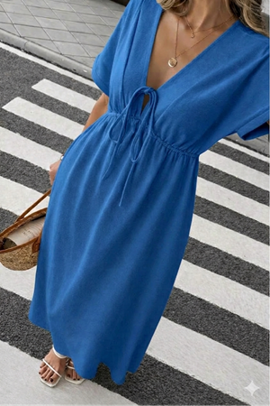 Kadın Düz Renk Aerobin Kumaş Yazlık V Yaka Kısa Kol Beli Lastikli Diz Altı Elbise 10C-2379