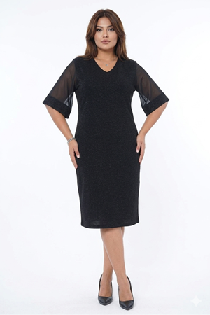 Kadın Büyük Beden Siyah V Yaka Truvakar Kol Midi Boy Işıltılı Elbise 12M-2387