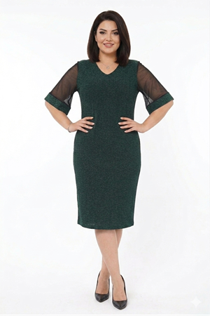 Kadın Büyük Beden Yeşil V Yaka Truvakar Kol Midi Boy Işıltılı Elbise 12M-2388