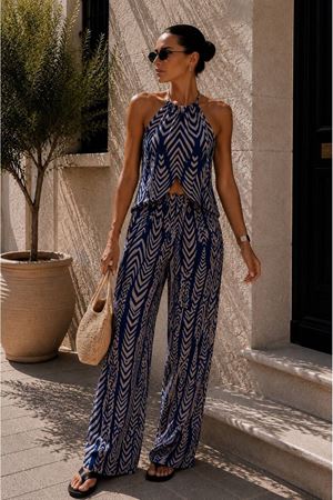 Kadın Yazlık Halter Yaka Lacivert Beyaz Viskon İkili Bluz Pantolon Takım G1-2391