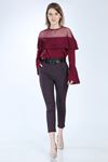 Mor  desenli Kemerli Pantolon 1C-1007