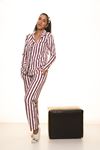 Kadın Bordo Beyaz Çizgili Kışlık Şardonlu Pijama Takım 13E-9022