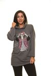 Kadın Baskılı Gri Kapşonlu Sweatshirt 5F-1127