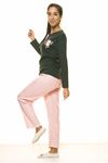 Kadın Yeşil Pembe Önü Düğmeli Uzun Kol Penye Pijama Takım 1C-2059