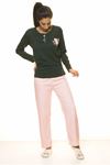 Kadın Yeşil Pembe Önü Düğmeli Uzun Kol Penye Pijama Takım 1C-2059