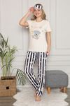 Kadın Krem Çizgili Kısa Kol Pijama Takımı 3E-2539L