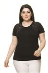 Kadın Büyük Beden Siyah  Fermuarlı Dantelli Bluz 16D-70005