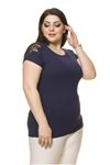 Kadın Büyük Beden Lacivert Omuz Detaylı Bluz 16D-70015-1
