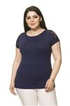 Kadın Büyük Beden Lacivert Omuz Detaylı Bluz 16D-70015-1