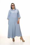 Kadın Büyük Beden Kapüşonlu Fırfır Kol Bebe Mavi Uzun Elbise A3-4037