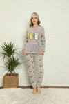 Kadın Desenli Kışlık Gri Polar Pijama Takımı 14F-20022