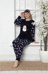Kadın Yeniyıl Desenli Lacivert Kışlık Polar Pijama Takımı 9F-20002-1