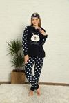 Kadın Puantiyeli Desenli Lacivert Kışlık Polar Pijama Takımı 12F-20036