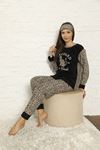 Kadın Siyah Leopar Desenli Kışlık Polar Pijama Takımı 8F-20042