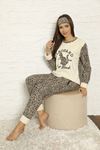 Kadın Bej Leopar Desenli Kışlık Polar Pijama Takımı 8F-20042-1