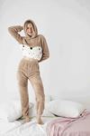 Kadın Sevimli Kahverengi Kışlık Crop Tam Peluş Takım 12K-1015K