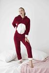  Kadın Bordo Kapüşonlu Kışlık Tam  Peluş Tulum 18D-4068