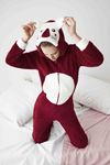  Kadın Bordo Kapüşonlu Kışlık Tam  Peluş Tulum 18D-4068