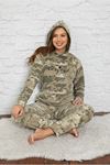 Kadın Haki Kamuflaj Desenli Kışlık Polar Pijama Takım 10K-3014S