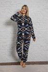 Kadın Siyah Desenli Kışlık Polar Pijama Takım 10K-3014-8