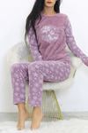 Kadın Mor Desenli Kışlık Polar Peluş Pijama Takımı 18D-1938