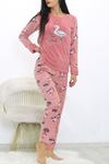 Kadın Pembe Desenli Kışlık Polar Peluş Pijama Takımı 18D-1935