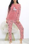 Kadın Pembe Desenli Kışlık Polar Peluş Pijama Takımı 18D-1935