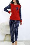 Kadın Kırmızı Desenli Kışlık Polar Peluş Pijama Takımı 18D-1937